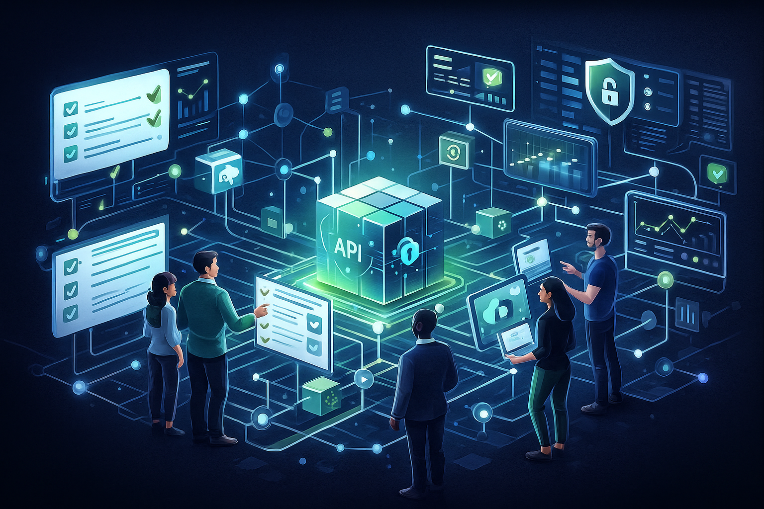 Custom API development team designing secure, scalable API gateway and integrations for enterprise digital platforms.