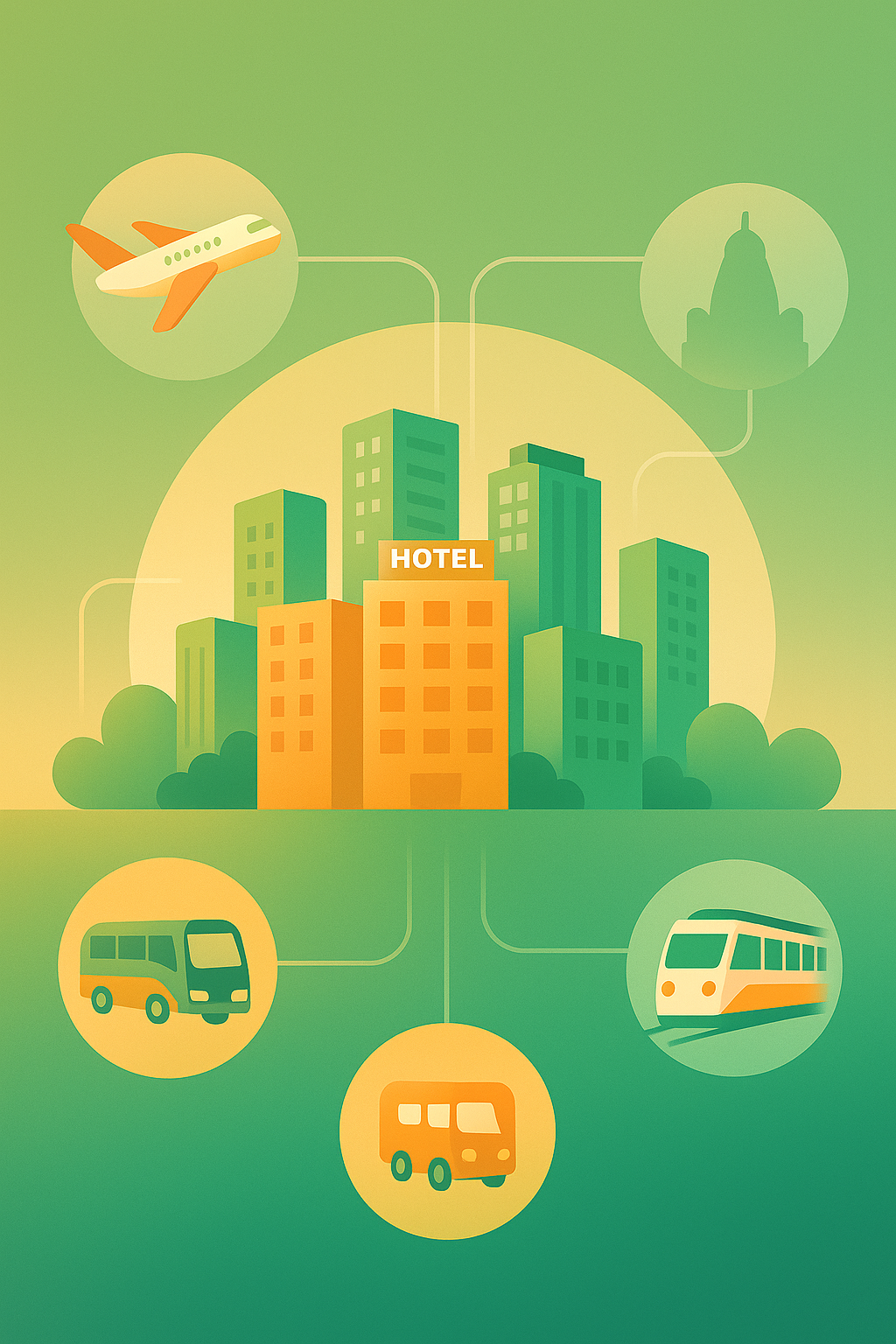 Illustration of hotels connected to flights, trains and buses in India