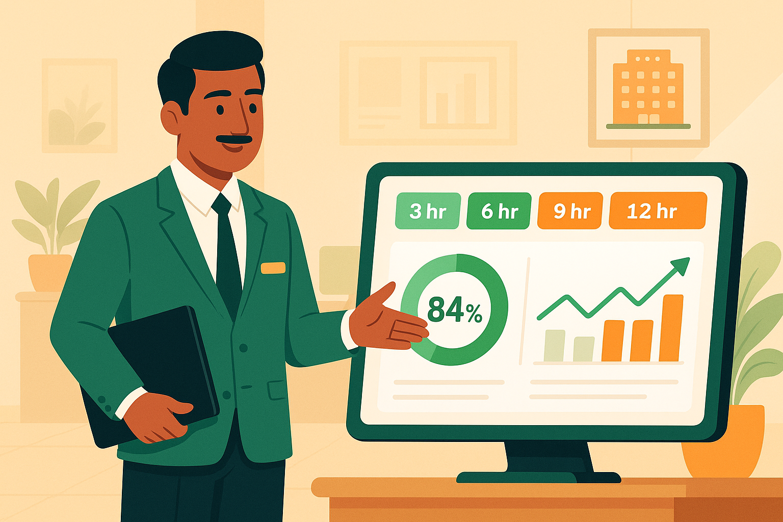 Hotel manager viewing a digital dashboard showing micro-stay slots, occupancy and revenue graphs for multiple rooms.