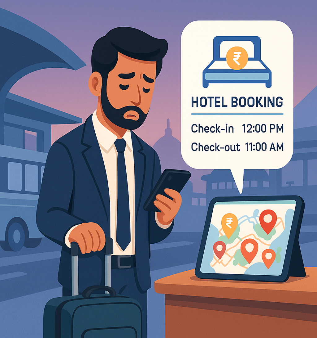 Frequent Indian traveller checking his phone and frustrated by rigid hotel check-in timings.