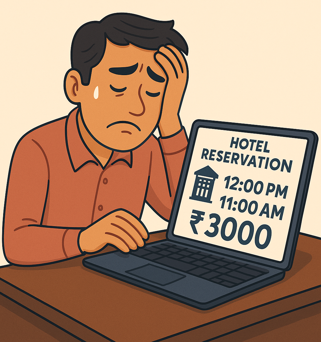 Traveller staring at a laptop showing a 24-hour hotel reservation and high price, worried about overpaying for a short stay.