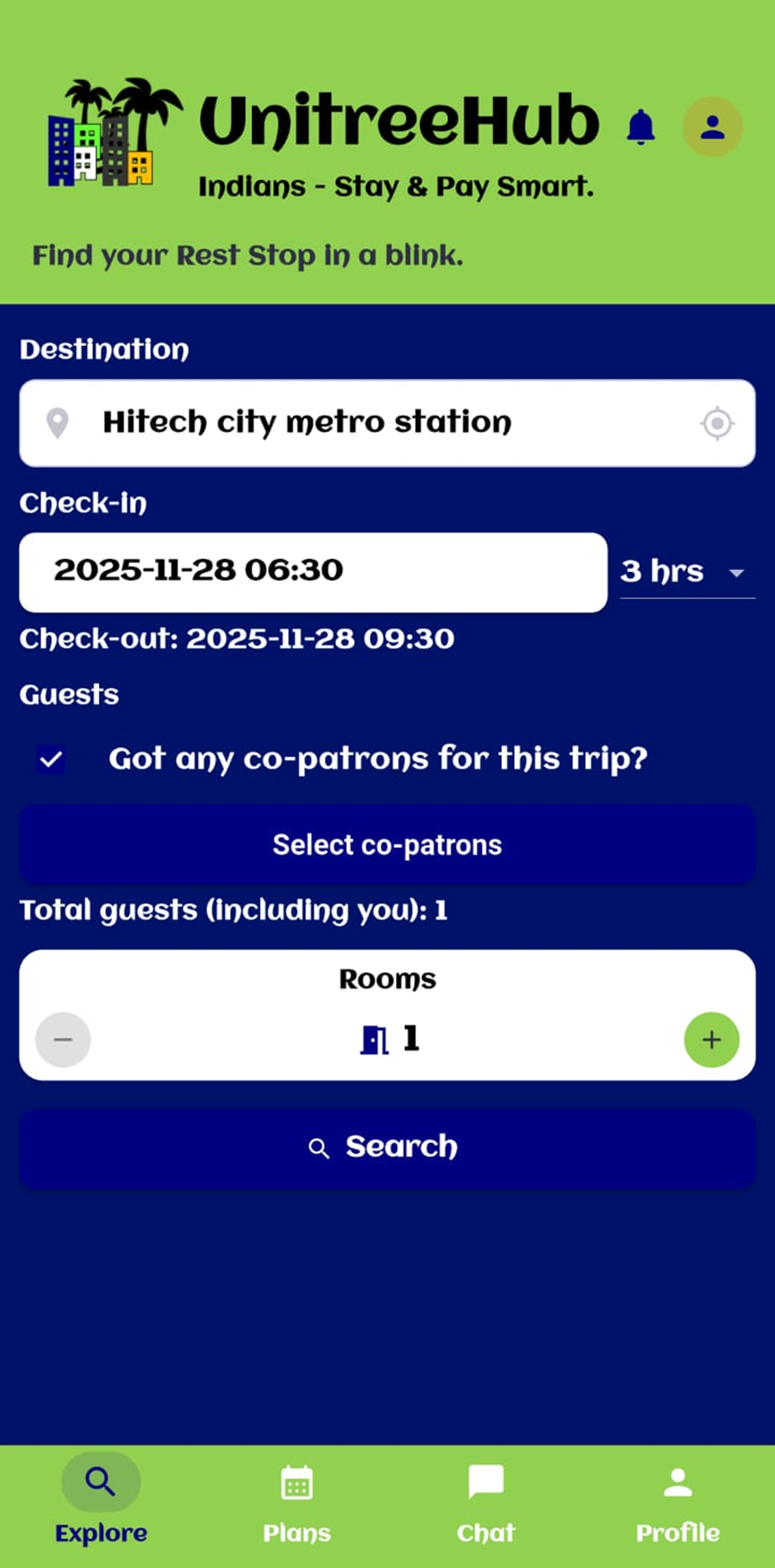 UnitreeHub traveller app UI with adding co-patrons or co-travellers